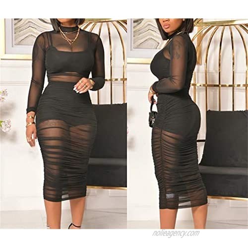 BYSYGLOBE Sexy 3 Piece Outfit for Women Perspective Mesh Skinny Long Sleeve Party Mini Dress with Tank and Shorts