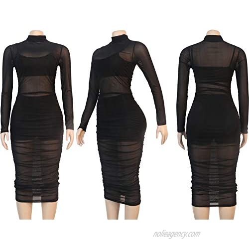 BYSYGLOBE Sexy 3 Piece Outfit for Women Perspective Mesh Skinny Long Sleeve Party Mini Dress with Tank and Shorts