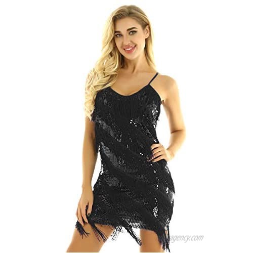 CHICTRY Women's Spaghetti Straps Tassels Sequin Fringe Flapper Dress Party Dancewear Night Mini Dress