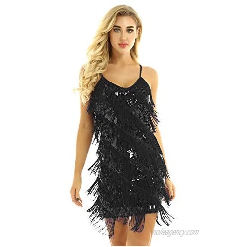 CHICTRY Women's Spaghetti Straps Tassels Sequin Fringe Flapper Dress Party Dancewear Night Mini Dress
