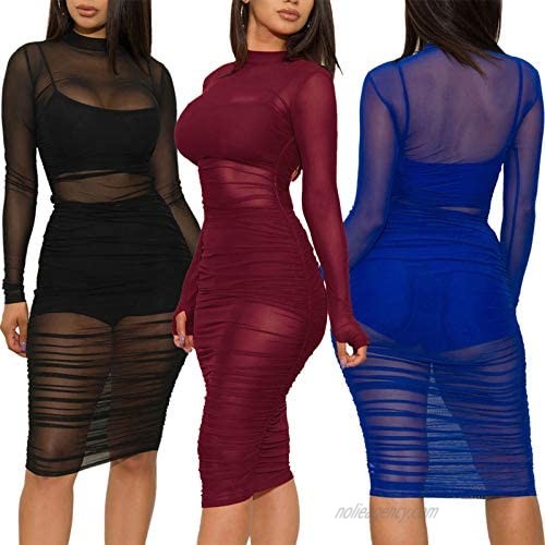 Fastkoala Mesh Dress Sheer See Through Sexy Three Piece Outfits for Women Long Sleeve with Thumbhole