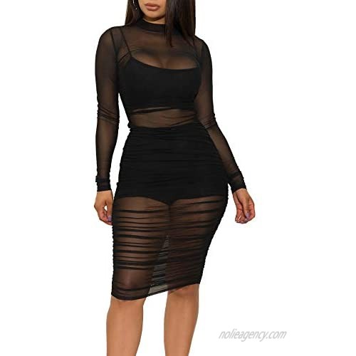 Fastkoala Mesh Dress Sheer See Through Sexy Three Piece Outfits for Women Long Sleeve with Thumbhole