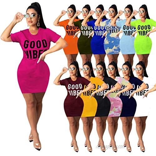 FcuteL Womens Casual O Neck Short Sleeve Letter Print Body T-Shirt Mini Dress
