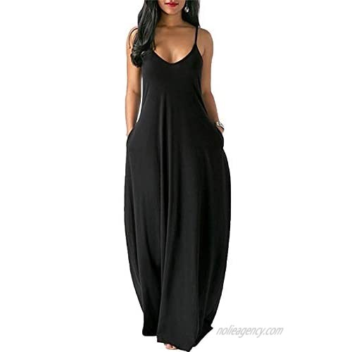 Halfword Womens Casual Spaghetti Strap V Neck Plus Size Loose Pockets Long Maxi Dress Cami Dress