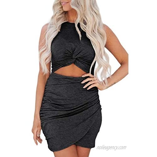 Itsmode Women’s Hollow Out Twist Bodycon Sleeveless Ruched Mini Dress Summer Casual Beach Dress