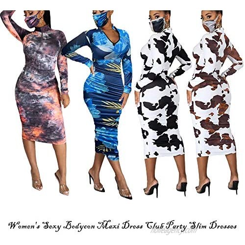 Jeen Women's Sexy Wrap Ruched Bodycon Midi Dress Long Sleeve Zipper Party Clubwear Slim Long Dress