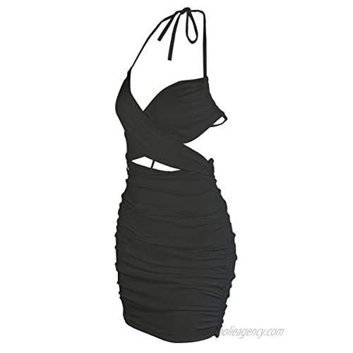 Kafiloe Women Sexy Ruched Bodycon Dress Short Sleeves Deep V Neck Tie Front Ruffle Mini Skirt Y2K Clubwear Summer Dress