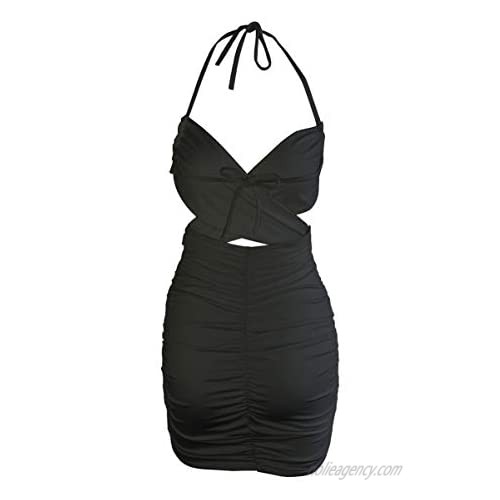 Kafiloe Women Sexy Ruched Bodycon Dress Short Sleeves Deep V Neck Tie Front Ruffle Mini Skirt Y2K Clubwear Summer Dress