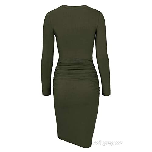 Missufe Women's Long Sleeve Knee Length Ruched Casual Fitted Basic Bodycon Dress