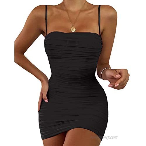 Modegal Women's Spaghetti Straps Mesh Sleeveless Ruched Stretchy Club Mini Bodycon Cami Dress