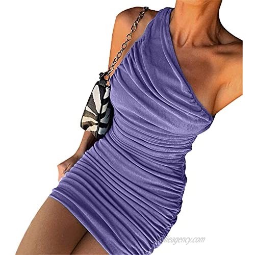 MorwenVeo Women's Sexy One Shoulder Bodycon Dress - Ruched Tank Mini Club Party Dresses Beach Dress