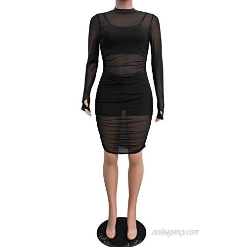 Sprifloral Women Long Sleeve Bodycon Dress - Sexy See Through Sheer Mesh Cover Up Ruched Dress Club Outfits