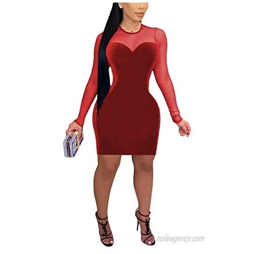 Women Mesh Dresses Sexy Long Sleeve Club Party Nightout Tight Fitted See Through Mini Dresses Girls Ladies Red XL