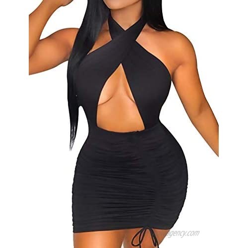 Women Sexy Bodycon Mini Club Ruched Dress Criss Cross Halter Sleeveless Cut Out Hollow Out Drawstring Dresses