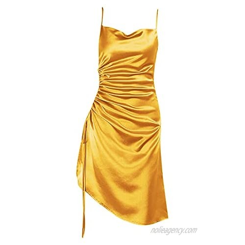 Women Sexy Cowl Neck Satin Dress Spaghetti Strap Ruched Bodycon Midi Party Club Dress Gold-Yellow