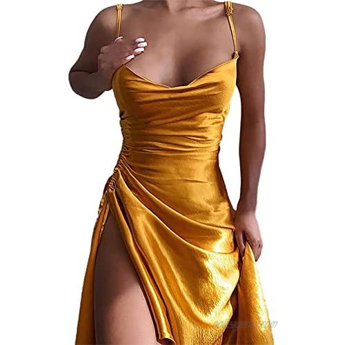 Women Sexy Cowl Neck Satin Dress Spaghetti Strap Ruched Bodycon Midi Party Club Dress Gold-Yellow