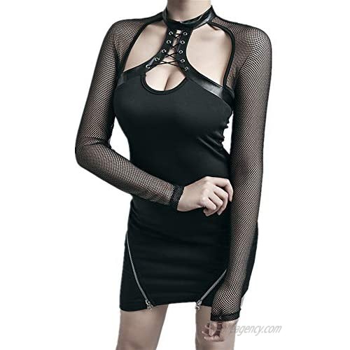 Women Sexy Halter Hollow Out Dress Mesh Sleeve Gothic Punk Party Mini Dresses
