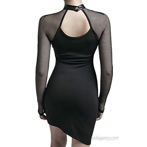 Women Sexy Halter Hollow Out Dress Mesh Sleeve Gothic Punk Party Mini Dresses