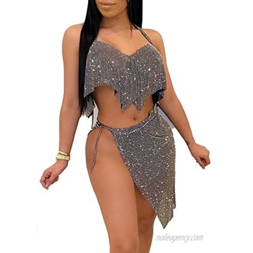 Women Sexy Two Piece Dresses Club Outfits - Sequin Crop Top + Mini Side Skirt