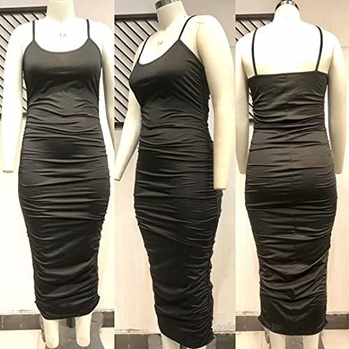 Women's Sexy Plus Size Spaghetti Strap Sleeveless Ruched Bodycon Long Maxi Club Dress