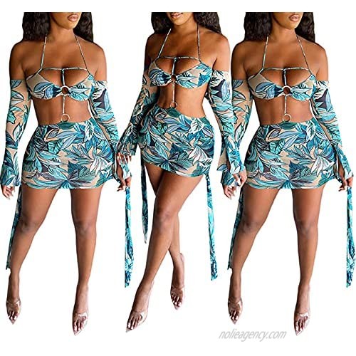 Women's Sexy Printed Bodycon Mini Dress Strap Crop Top+Skirt 2 Piece Clubwear Party Summer Dresses