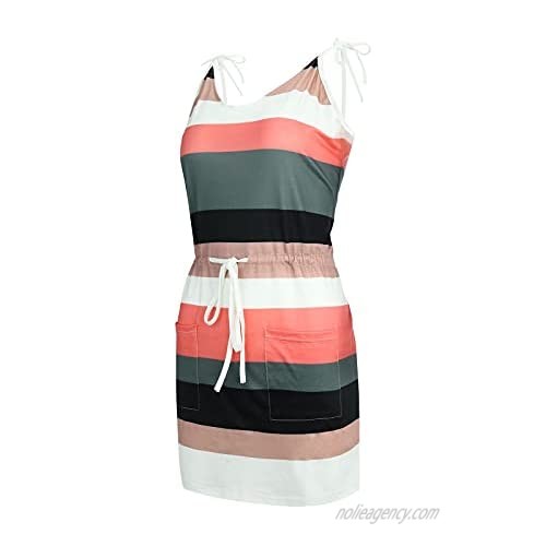 Women's Summer Striped Sleeveless Shirt Dress V Neck Casual Drawstring Sheath Mini Dresses