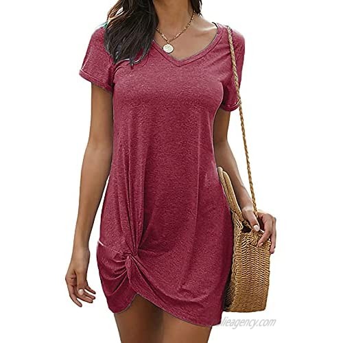 XNCSS Women Summer Casual Loose Dress V Neck Short Sleeve Ultra-Soft Knot Twist T Shirt Dress