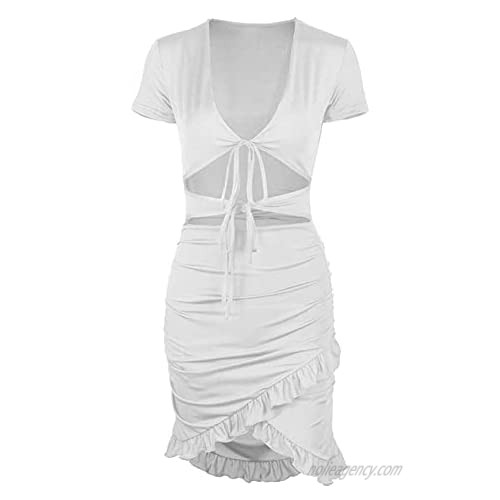 Yllision cianine Womens Ruched Dress V Neck Bodycon Ruffle Mini Dress Short Sleeve Cutout Party Clubwear