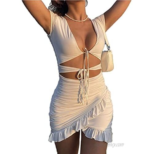 Yllision cianine Womens Ruched Dress V Neck Bodycon Ruffle Mini Dress Short Sleeve Cutout Party Clubwear